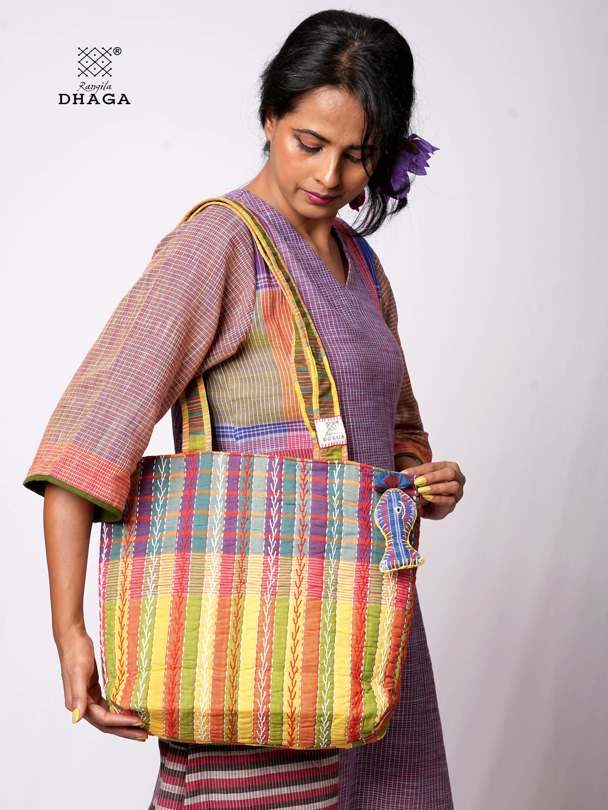 Hand-Embroidered Cotton Gamcha Tote Bag | Multicolor Artisan Shoulder Tote with Zip Closure & Multiple Pockets  116