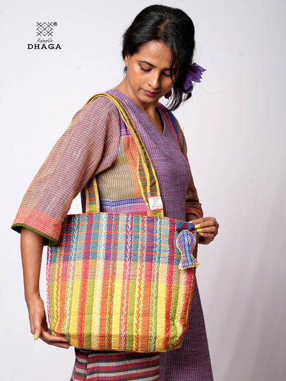 Hand-Embroidered Cotton Gamcha Tote Bag | Multicolor Artisan Shoulder Tote with Zip Closure & Multiple Pockets  116