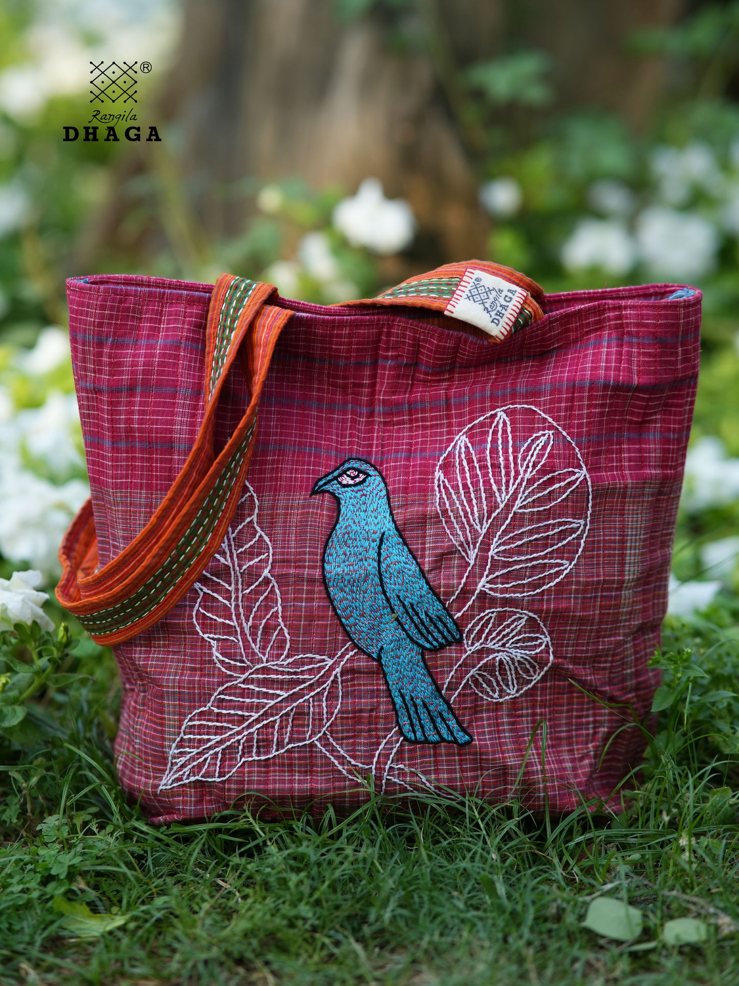 Red Hand Embroidered Gamcha Pakhi Tote Bag with Hand Embroidered Handle  Bag110