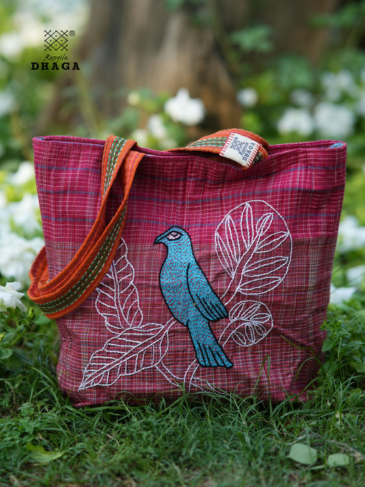 Red Hand Embroidered Gamcha Pakhi Tote Bag with Hand Embroidered Handle  Bag110