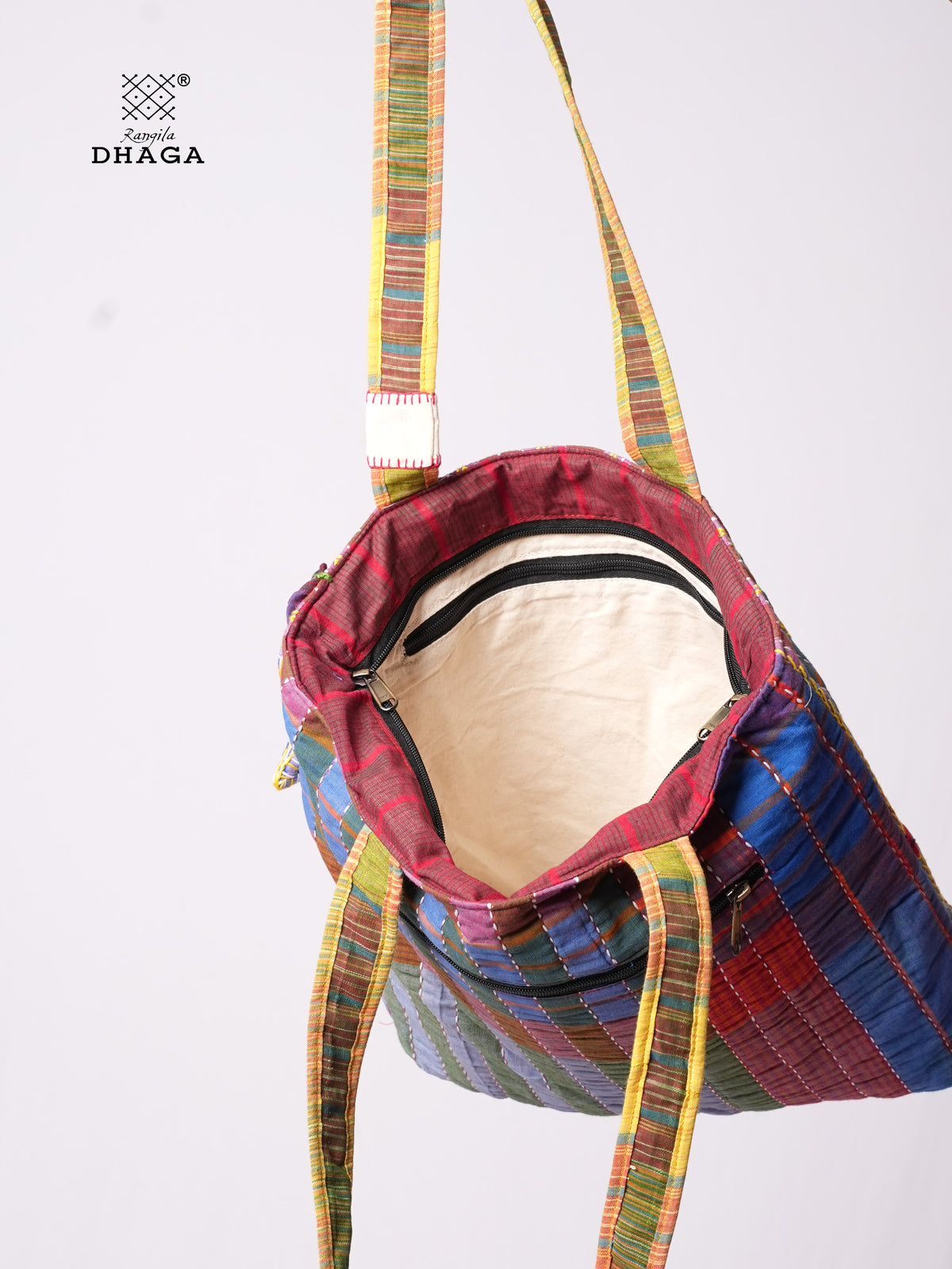 Hand-Embroidered Cotton Gamcha Tote Bag | Multicolor Artisan Shoulder Tote with Zip Closure & Multiple Pockets  114