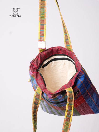 Hand-Embroidered Cotton Gamcha Tote Bag | Multicolor Artisan Shoulder Tote with Zip Closure & Multiple Pockets  114