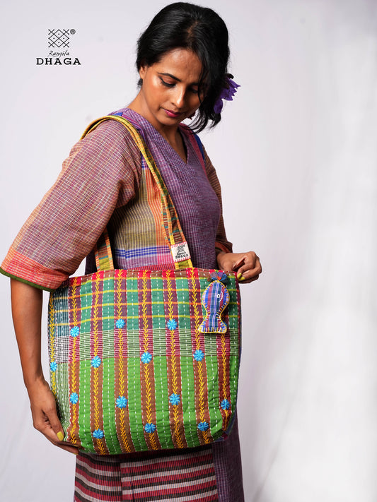 Hand-Embroidered Cotton Gamcha Tote Bag | Multicolor Artisan Shoulder Tote with Zip Closure & Multiple Pockets  114