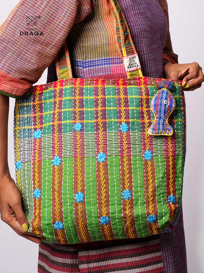 Hand-Embroidered Cotton Gamcha Tote Bag | Multicolor Artisan Shoulder Tote with Zip Closure & Multiple Pockets  114