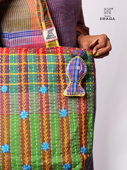 Hand-Embroidered Cotton Gamcha Tote Bag | Multicolor Artisan Shoulder Tote with Zip Closure & Multiple Pockets  114