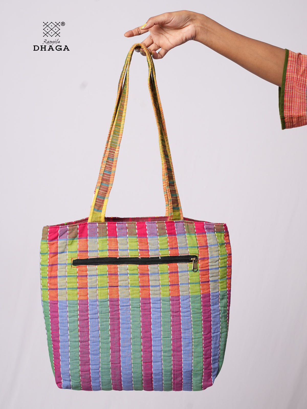 Hand-Embroidered Cotton Gamcha Tote Bag | Multicolor Artisan Shoulder Tote with Zip Closure & Multiple Pockets  113
