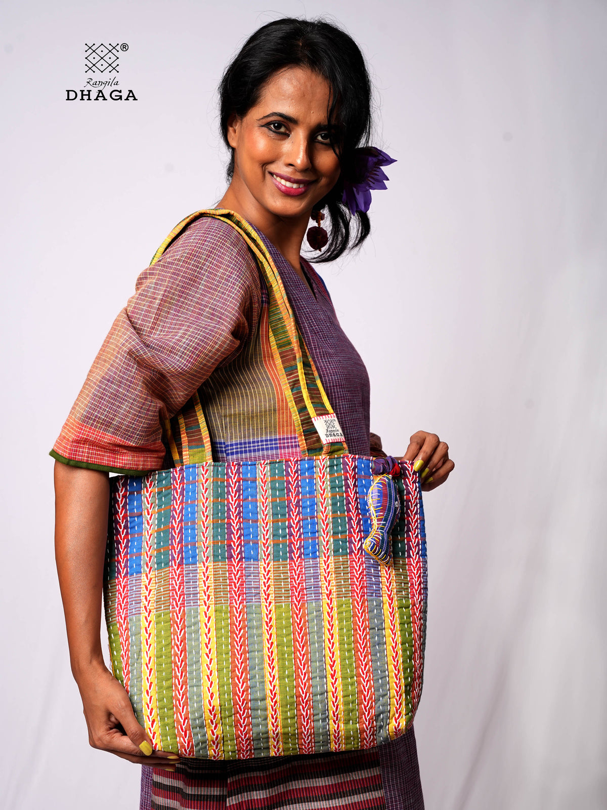 Hand-Embroidered Cotton Gamcha Tote Bag | Multicolor Artisan Shoulder Tote with Zip Closure & Multiple Pockets  113