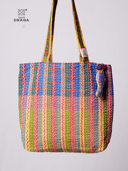 Hand-Embroidered Cotton Gamcha Tote Bag | Multicolor Artisan Shoulder Tote with Zip Closure & Multiple Pockets  113