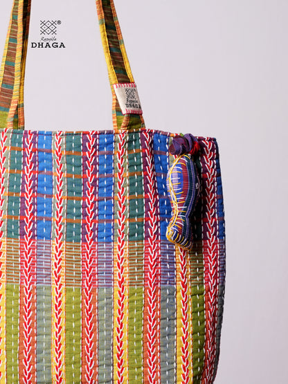 Hand-Embroidered Cotton Gamcha Tote Bag | Multicolor Artisan Shoulder Tote with Zip Closure & Multiple Pockets  113