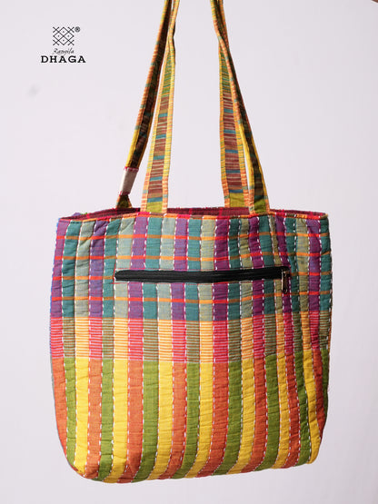 Hand-Embroidered Cotton Gamcha Tote Bag | Multicolor Artisan Shoulder Tote with Zip Closure & Multiple Pockets  113