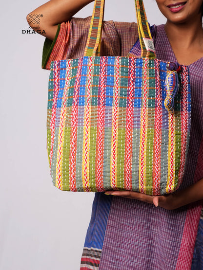 Hand-Embroidered Cotton Gamcha Tote Bag | Multicolor Artisan Shoulder Tote with Zip Closure & Multiple Pockets  113