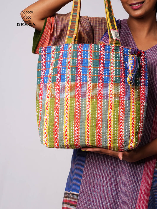 Hand-Embroidered Cotton Gamcha Tote Bag | Multicolor Artisan Shoulder Tote with Zip Closure & Multiple Pockets  113