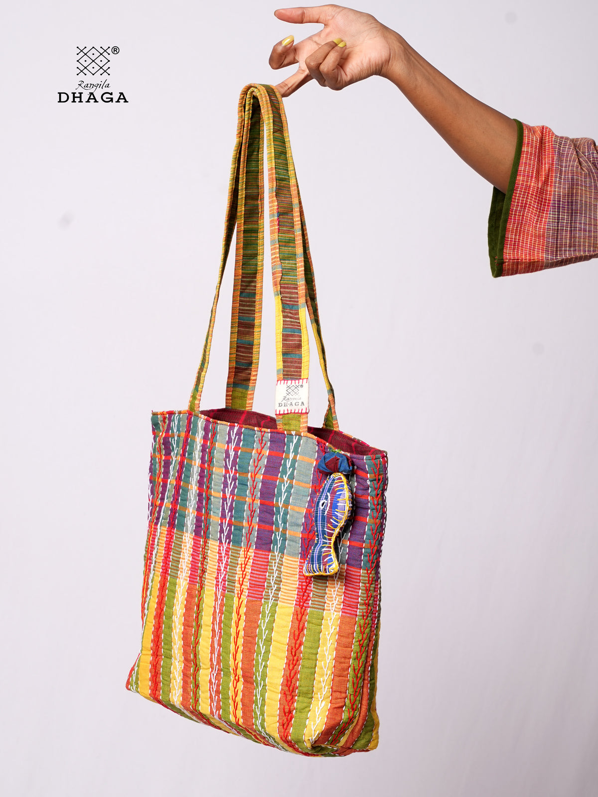Hand-Embroidered Cotton Gamcha Tote Bag | Multicolor Artisan Shoulder Tote with Zip Closure & Multiple Pockets  116