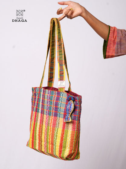 Hand-Embroidered Cotton Gamcha Tote Bag | Multicolor Artisan Shoulder Tote with Zip Closure & Multiple Pockets  116