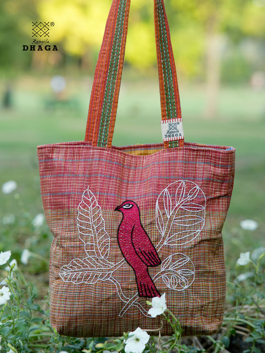 Red Hand Embroidered Gamcha Pakhi Tote Bag with Hand Embroidered Handle  Bag103