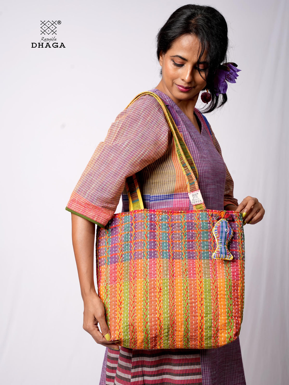 Hand-Embroidered Cotton Gamcha Tote Bag | Multicolor Artisan Shoulder Tote with Zip Closure & Multiple Pockets  112