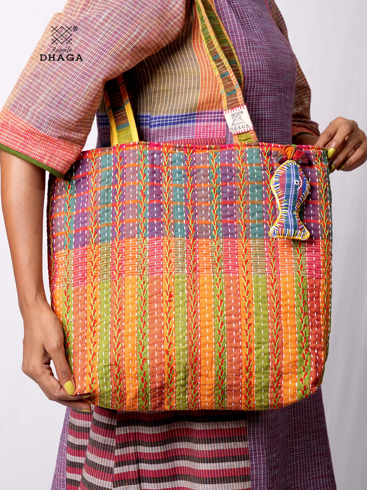 Hand-Embroidered Cotton Gamcha Tote Bag | Multicolor Artisan Shoulder Tote with Zip Closure & Multiple Pockets  112