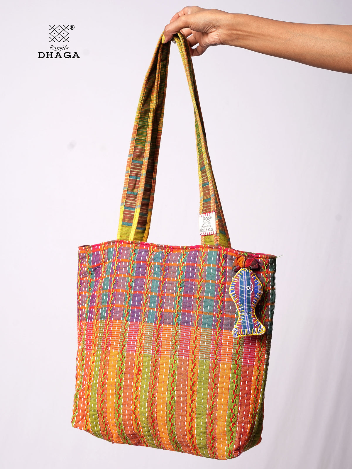 Hand-Embroidered Cotton Gamcha Tote Bag | Multicolor Artisan Shoulder Tote with Zip Closure & Multiple Pockets  112