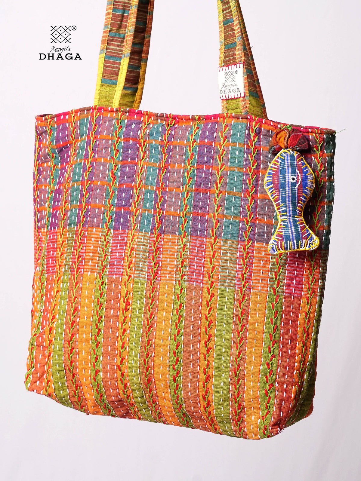 Hand-Embroidered Cotton Gamcha Tote Bag | Multicolor Artisan Shoulder Tote with Zip Closure & Multiple Pockets  112