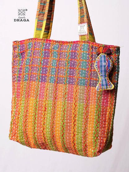 Hand-Embroidered Cotton Gamcha Tote Bag | Multicolor Artisan Shoulder Tote with Zip Closure & Multiple Pockets  112