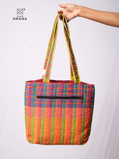 Hand-Embroidered Cotton Gamcha Tote Bag | Multicolor Artisan Shoulder Tote with Zip Closure & Multiple Pockets  112
