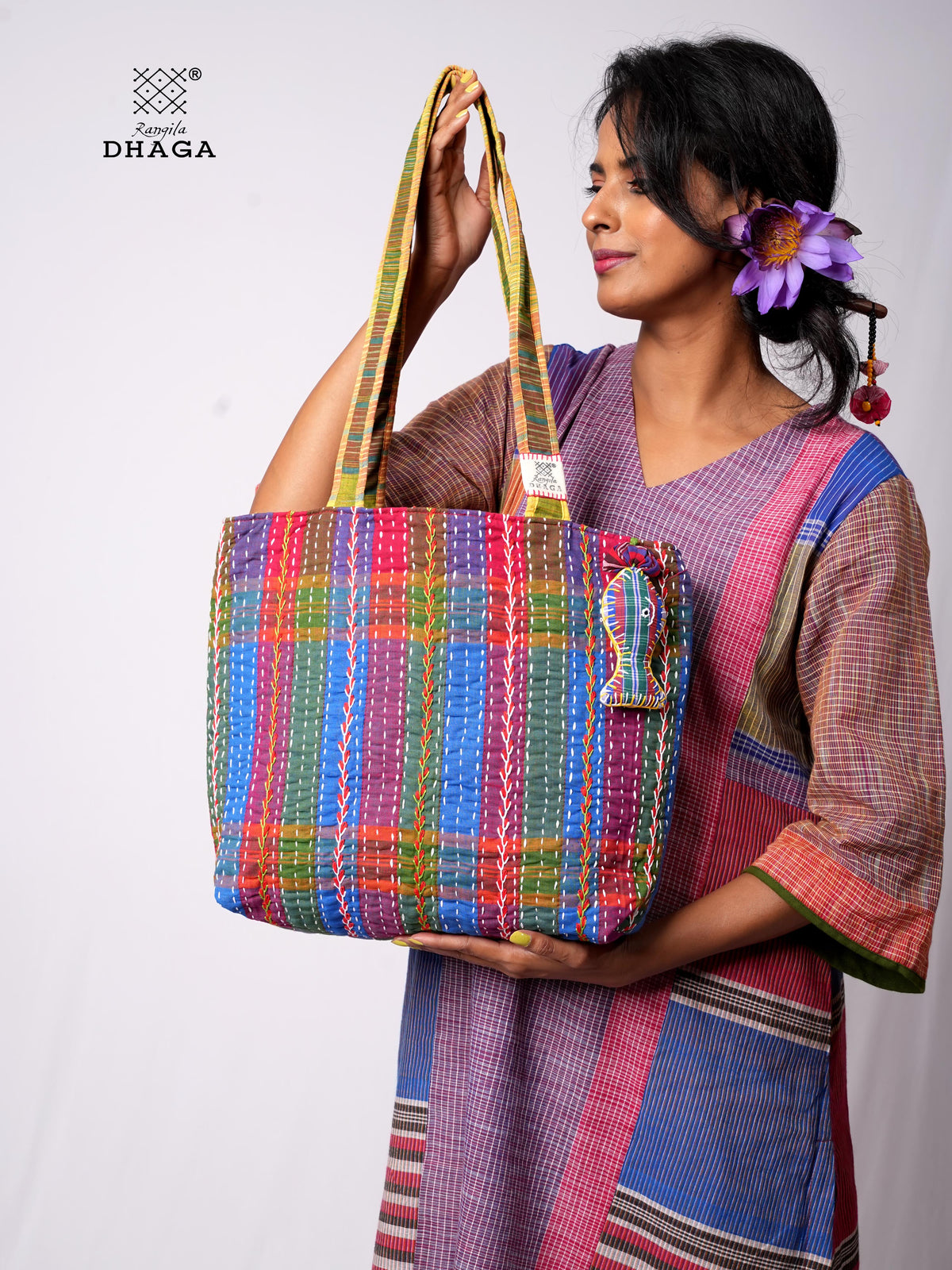 Hand-Embroidered Cotton Gamcha Tote Bag | Multicolor Artisan Shoulder Tote with Zip Closure & Multiple Pockets  111
