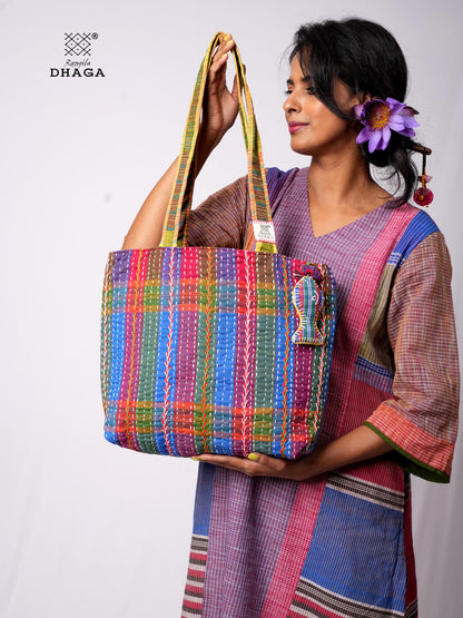 Hand-Embroidered Cotton Gamcha Tote Bag | Multicolor Artisan Shoulder Tote with Zip Closure & Multiple Pockets  111