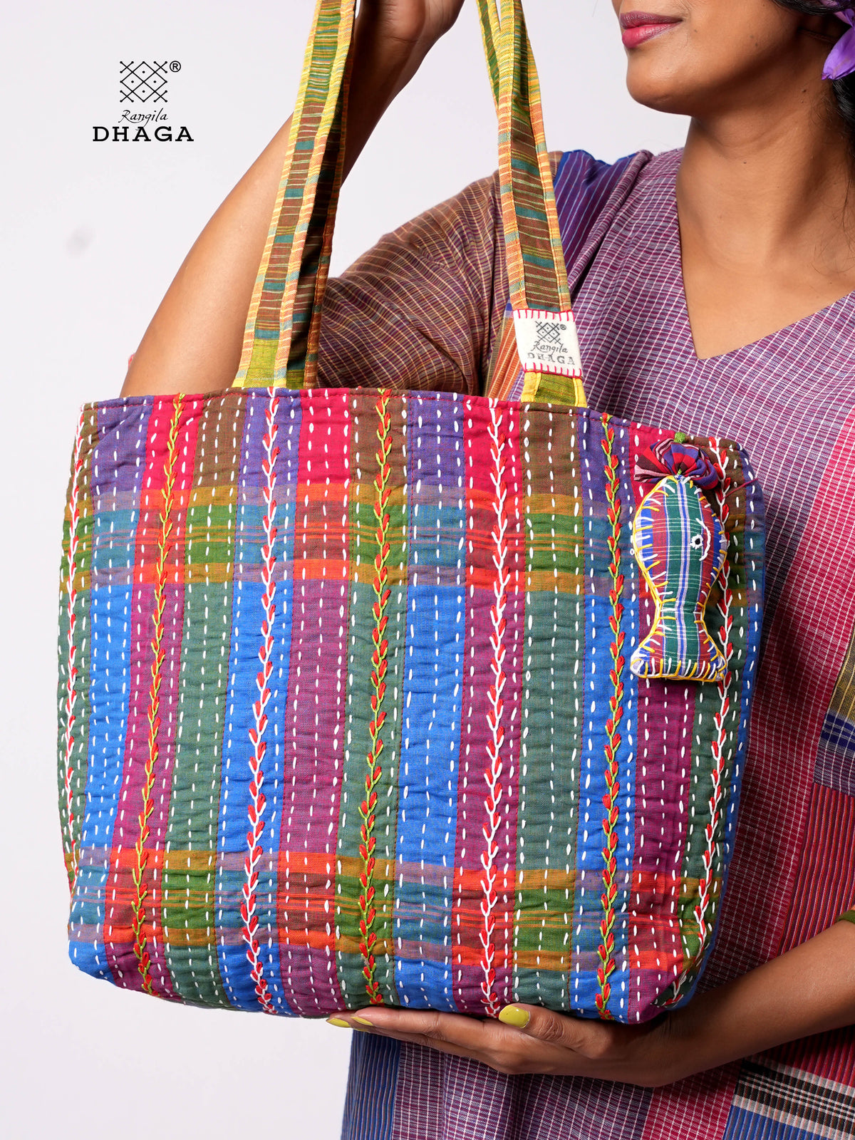 Hand-Embroidered Cotton Gamcha Tote Bag | Multicolor Artisan Shoulder Tote with Zip Closure & Multiple Pockets  111