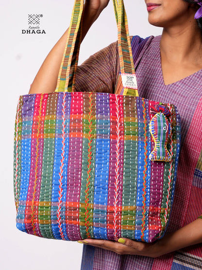 Hand-Embroidered Cotton Gamcha Tote Bag | Multicolor Artisan Shoulder Tote with Zip Closure & Multiple Pockets  111