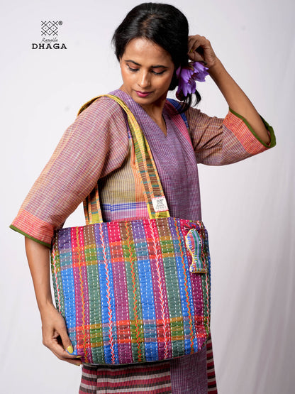 Hand-Embroidered Cotton Gamcha Tote Bag | Multicolor Artisan Shoulder Tote with Zip Closure & Multiple Pockets  111