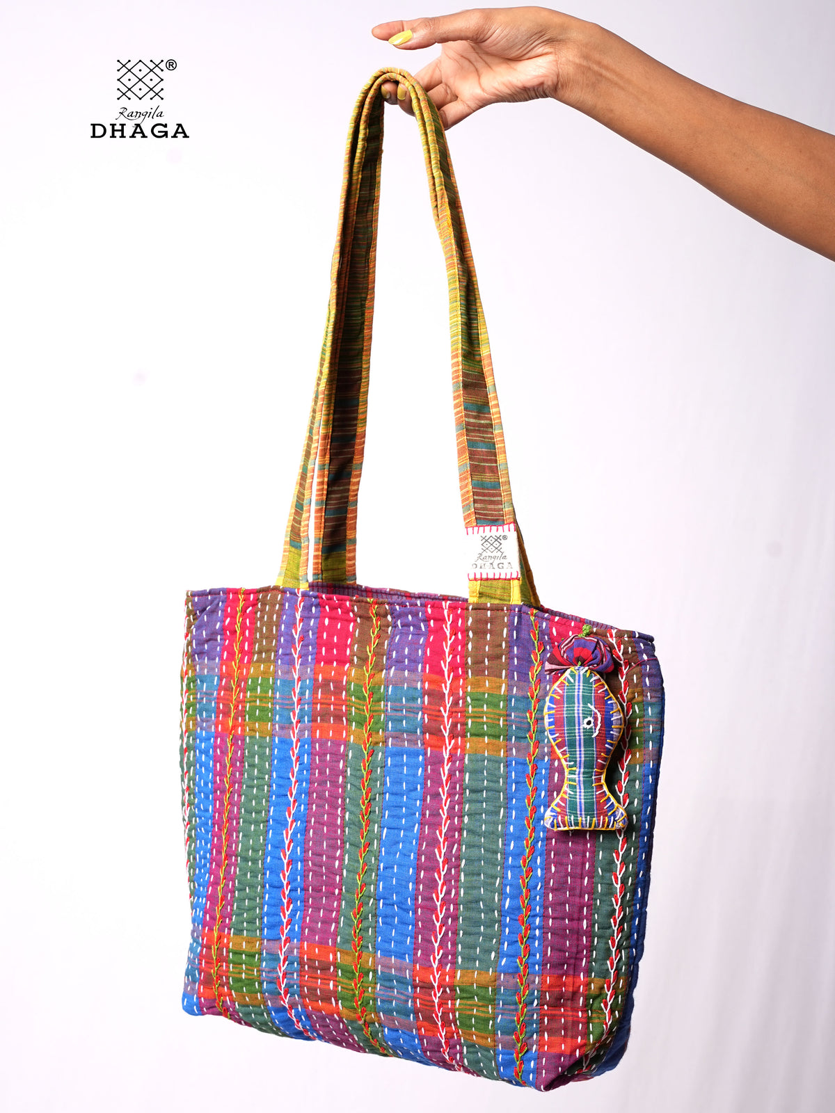Hand-Embroidered Cotton Gamcha Tote Bag | Multicolor Artisan Shoulder Tote with Zip Closure & Multiple Pockets  111