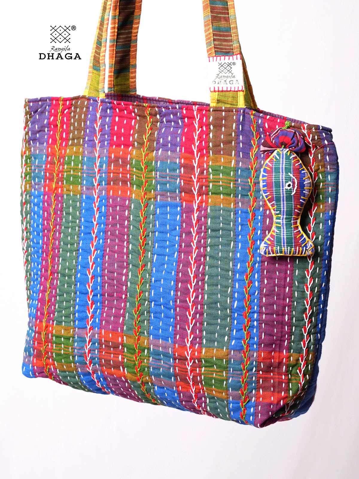 Hand-Embroidered Cotton Gamcha Tote Bag | Multicolor Artisan Shoulder Tote with Zip Closure & Multiple Pockets  111