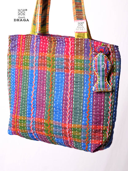 Hand-Embroidered Cotton Gamcha Tote Bag | Multicolor Artisan Shoulder Tote with Zip Closure & Multiple Pockets  111