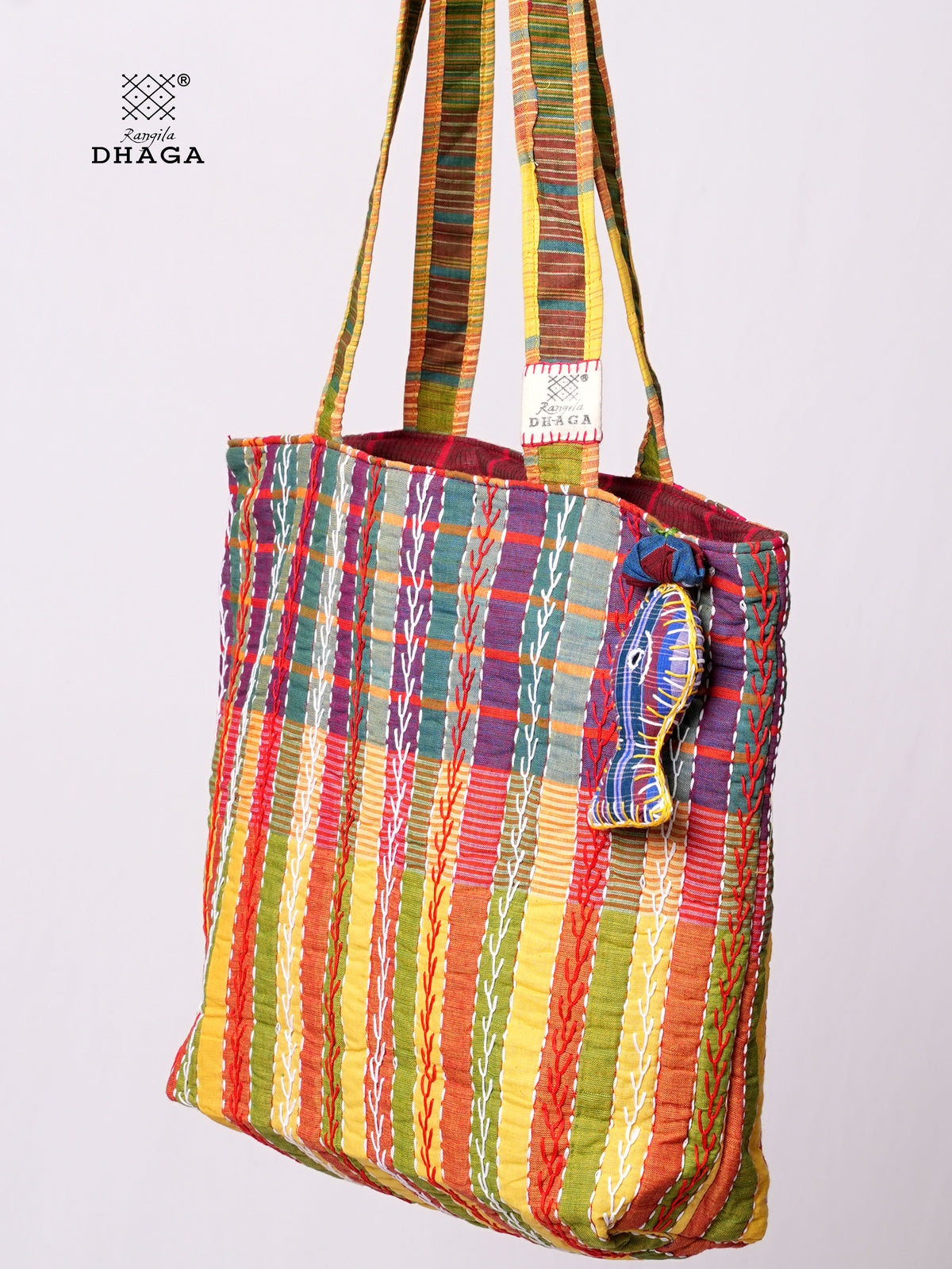 Hand-Embroidered Cotton Gamcha Tote Bag | Multicolor Artisan Shoulder Tote with Zip Closure & Multiple Pockets  116
