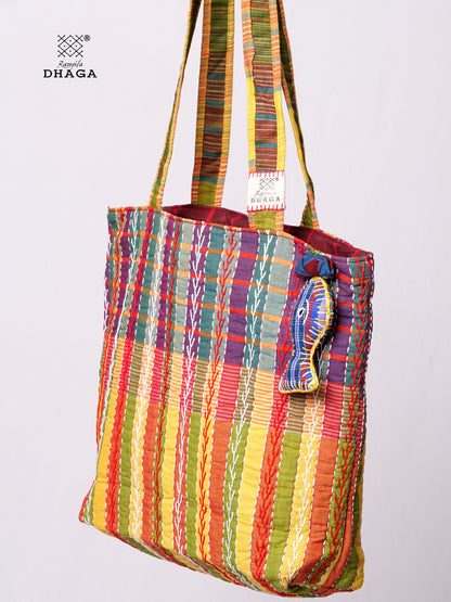 Hand-Embroidered Cotton Gamcha Tote Bag | Multicolor Artisan Shoulder Tote with Zip Closure & Multiple Pockets  116