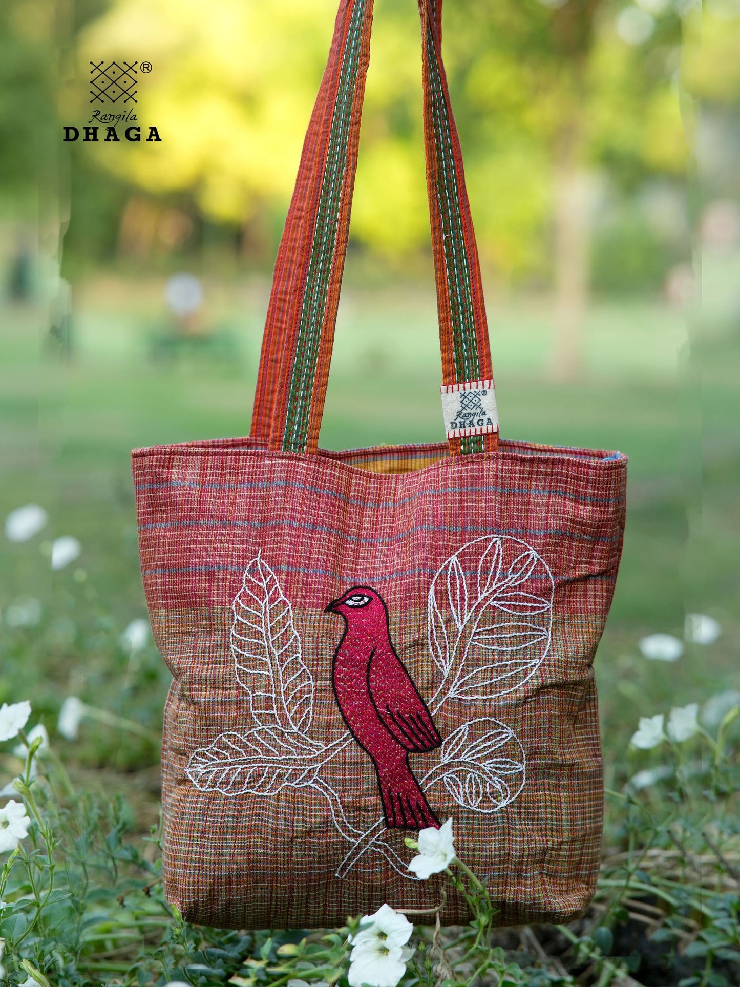 Red Hand Embroidered Gamcha Pakhi Tote Bag with Hand Embroidered Handle  Bag103