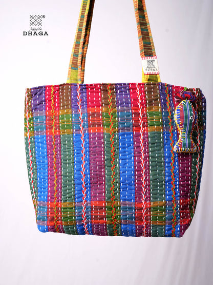 Hand-Embroidered Cotton Gamcha Tote Bag | Multicolor Artisan Shoulder Tote with Zip Closure & Multiple Pockets  111