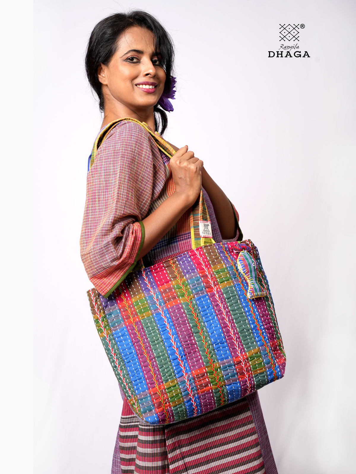 Hand-Embroidered Cotton Gamcha Tote Bag | Multicolor Artisan Shoulder Tote with Zip Closure & Multiple Pockets  111