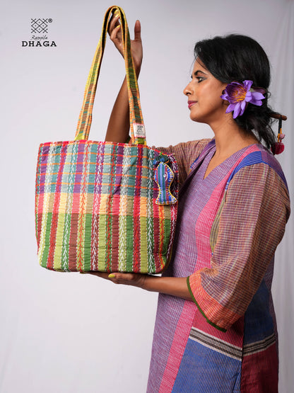 Hand-Embroidered Cotton Gamcha Tote Bag | Multicolor Artisan Shoulder Tote with Zip Closure & Multiple Pockets  110