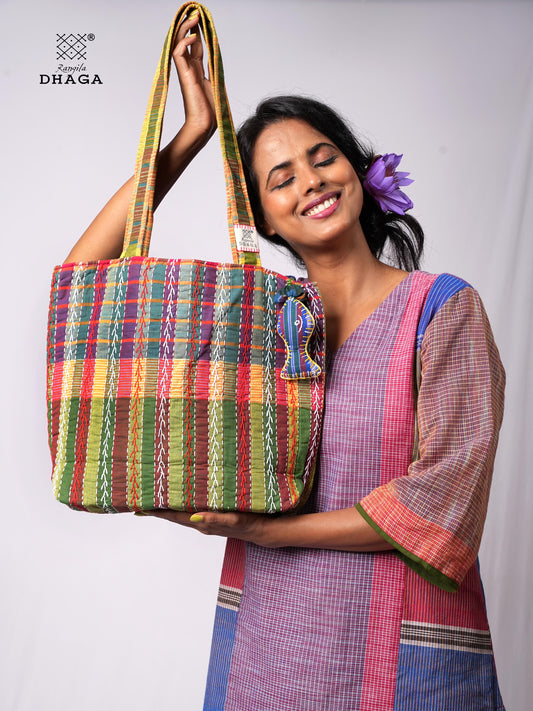 Hand-Embroidered Cotton Gamcha Tote Bag | Multicolor Artisan Shoulder Tote with Zip Closure & Multiple Pockets  110