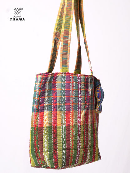 Hand-Embroidered Cotton Gamcha Tote Bag | Multicolor Artisan Shoulder Tote with Zip Closure & Multiple Pockets  110
