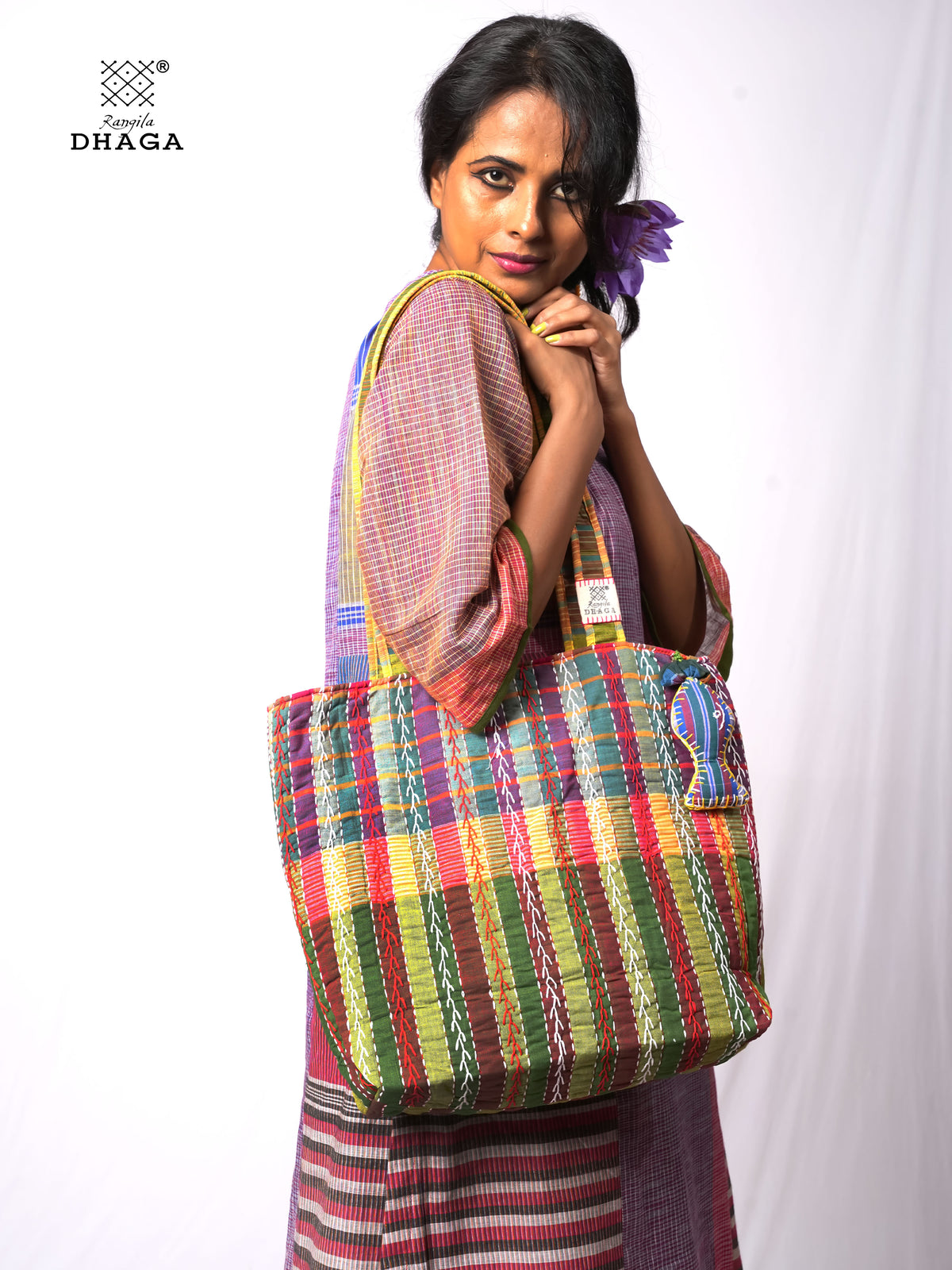 Hand-Embroidered Cotton Gamcha Tote Bag | Multicolor Artisan Shoulder Tote with Zip Closure & Multiple Pockets  110