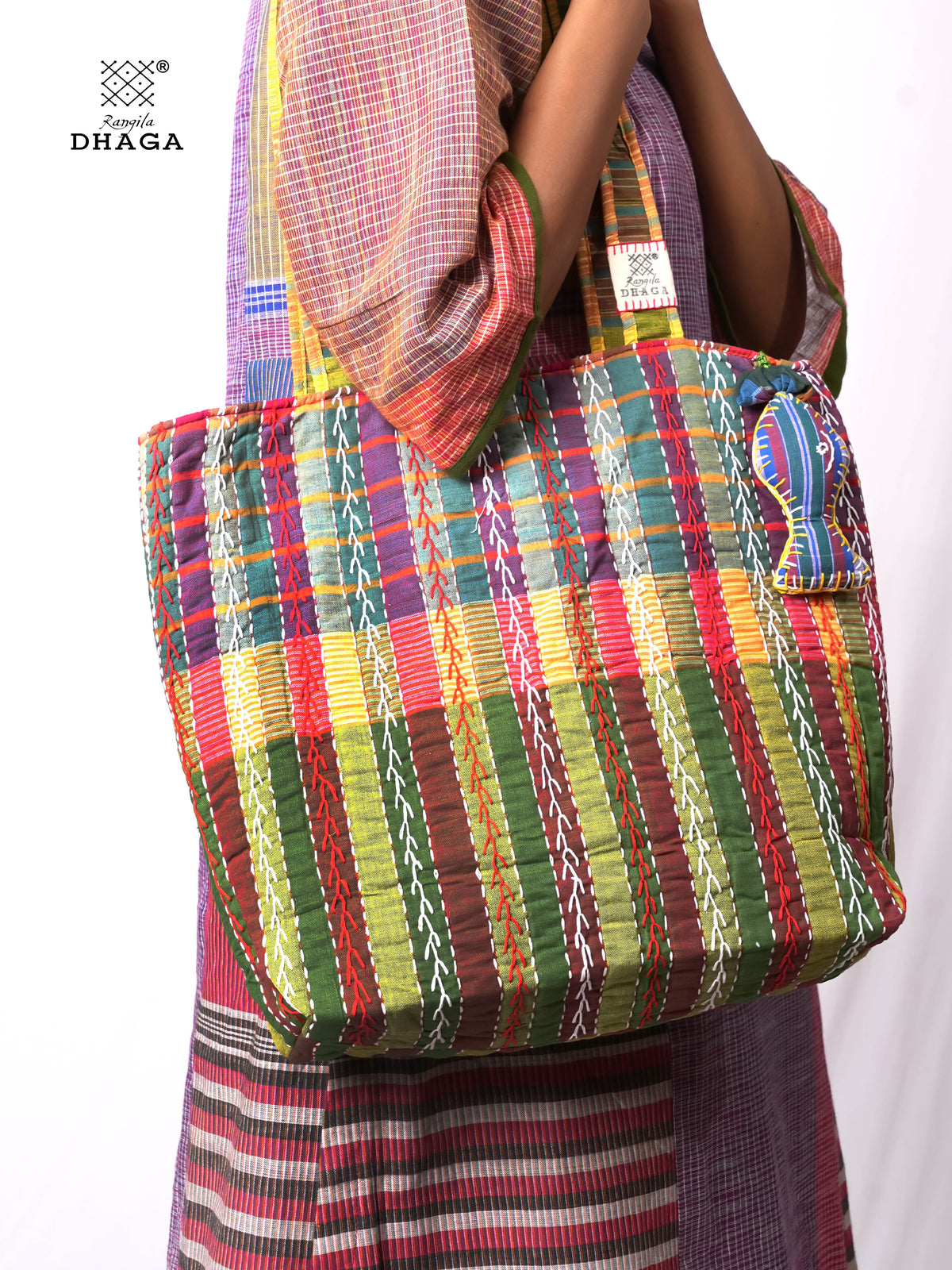 Hand-Embroidered Cotton Gamcha Tote Bag | Multicolor Artisan Shoulder Tote with Zip Closure & Multiple Pockets  110