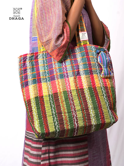 Hand-Embroidered Cotton Gamcha Tote Bag | Multicolor Artisan Shoulder Tote with Zip Closure & Multiple Pockets  110