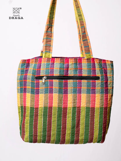 Hand-Embroidered Cotton Gamcha Tote Bag | Multicolor Artisan Shoulder Tote with Zip Closure & Multiple Pockets  110