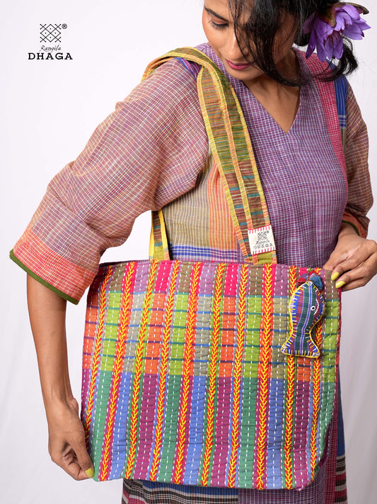 Hand-Embroidered Cotton Gamcha Tote Bag | Multicolor Artisan Shoulder Tote with Zip Closure & Multiple Pockets  118