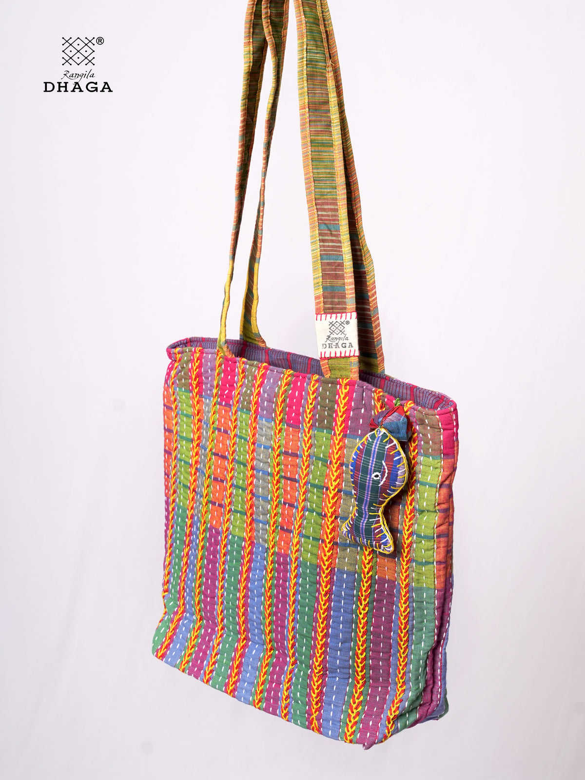 Hand-Embroidered Cotton Gamcha Tote Bag | Multicolor Artisan Shoulder Tote with Zip Closure & Multiple Pockets  118
