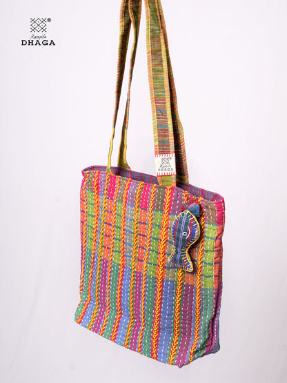 Hand-Embroidered Cotton Gamcha Tote Bag | Multicolor Artisan Shoulder Tote with Zip Closure & Multiple Pockets  118