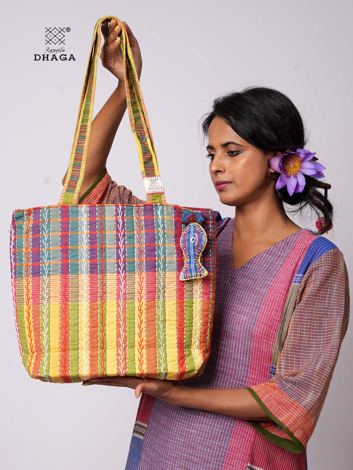 Hand-Embroidered Cotton Gamcha Tote Bag | Multicolor Artisan Shoulder Tote with Zip Closure & Multiple Pockets  116