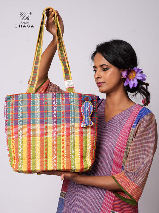 Hand-Embroidered Cotton Gamcha Tote Bag | Multicolor Artisan Shoulder Tote with Zip Closure & Multiple Pockets  116